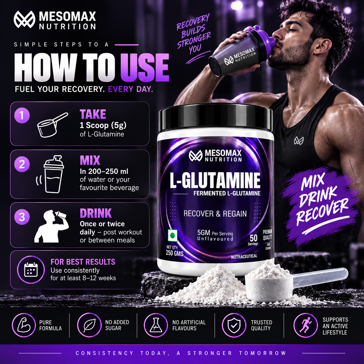 Mesomax Nutrition L-Glutamine 250g | Fermented L-Glutamine | 5g Per Serving | 50 Servings | Unflavoured