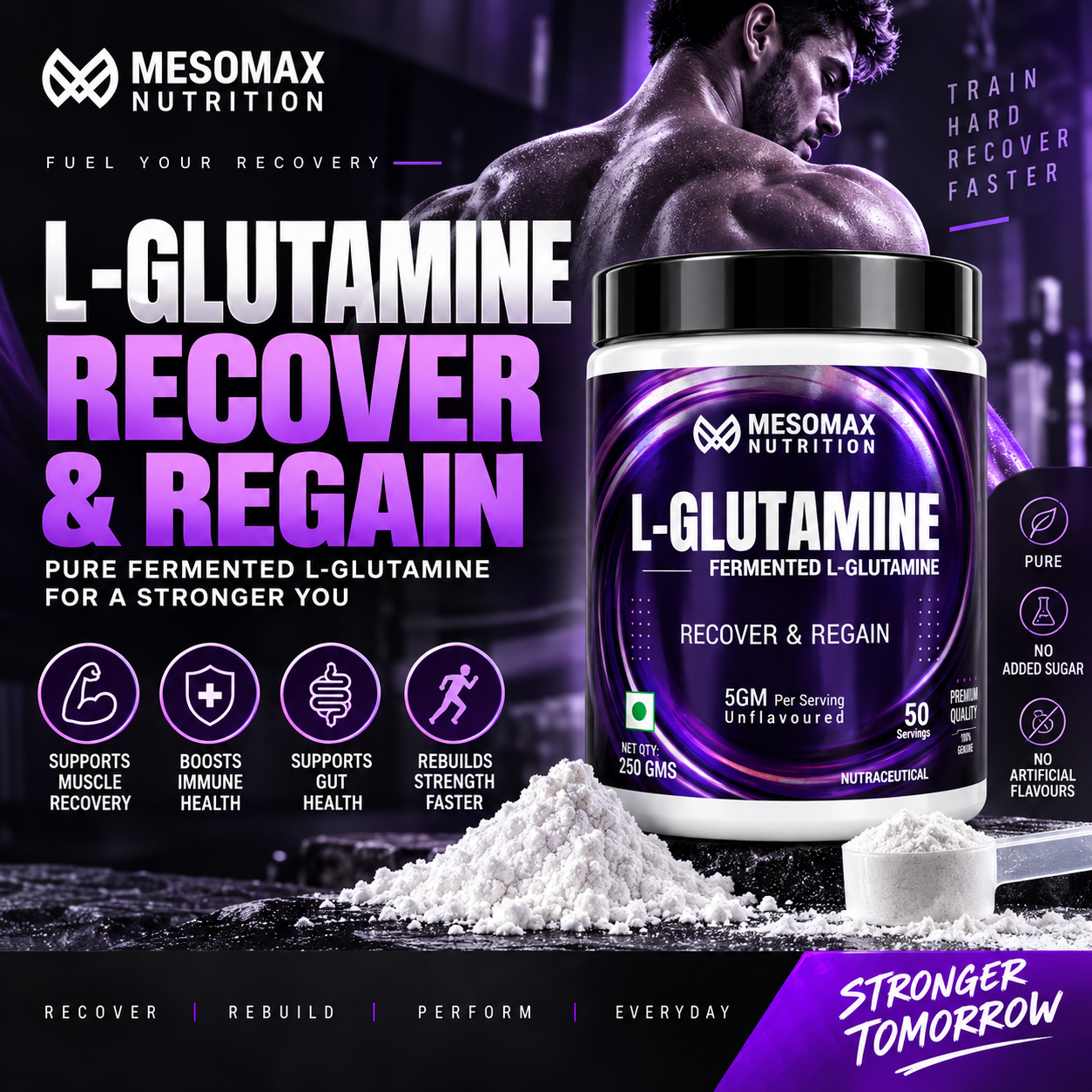 Mesomax Nutrition L-Glutamine 250g | Fermented L-Glutamine | 5g Per Serving | 50 Servings | Unflavoured