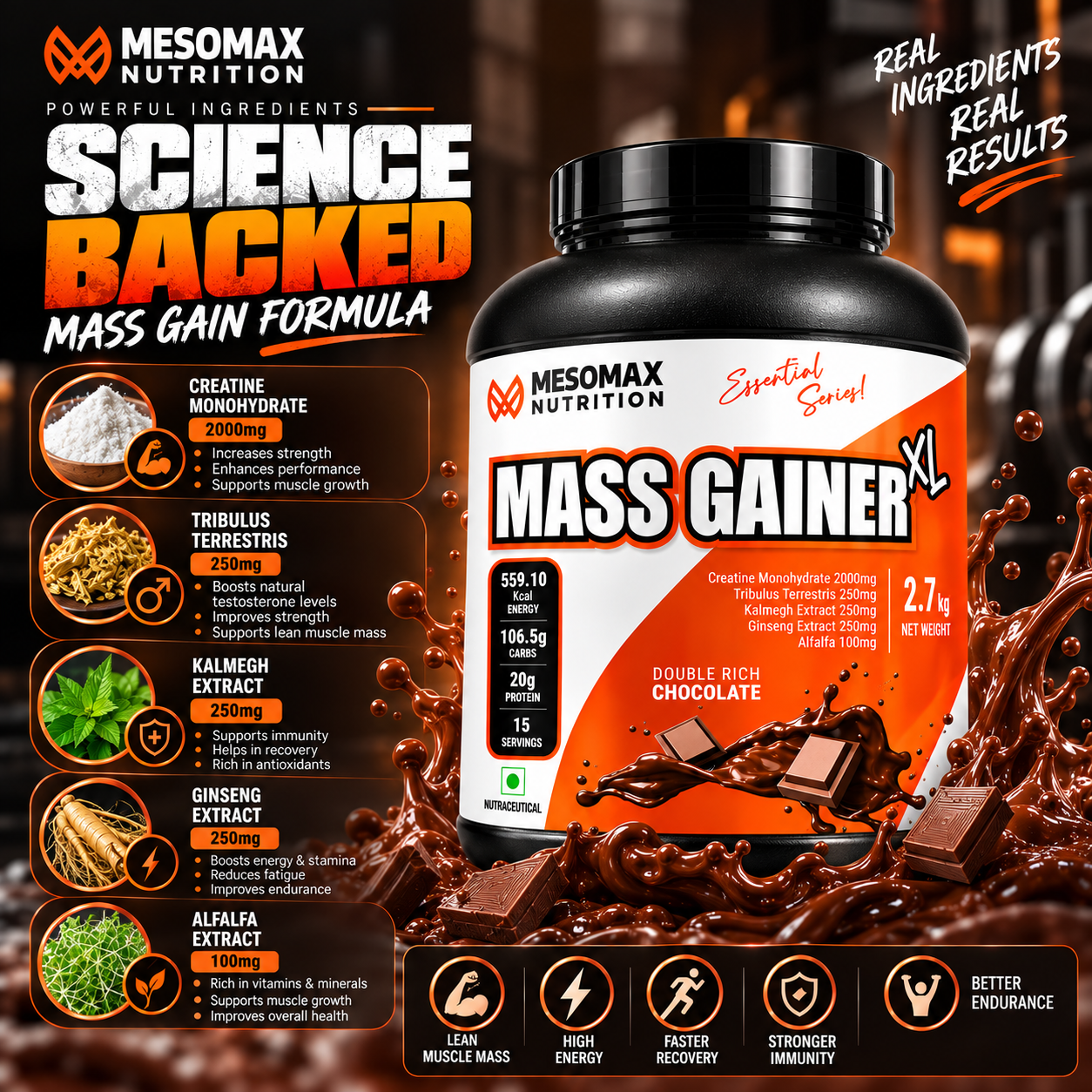 Mesomax Nutrition Mass Gainer XL 2.7kg | 20g Protein | 106.5g Carbs | 559.10 kcal | Double Rich Chocolate