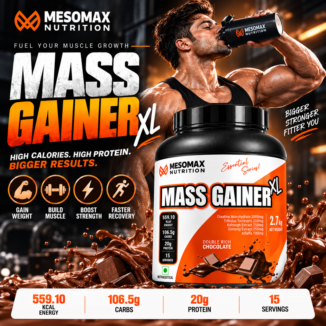 Mesomax Nutrition Mass Gainer XL 2.7kg | 20g Protein | 106.5g Carbs | 559.10 kcal | Double Rich Chocolate