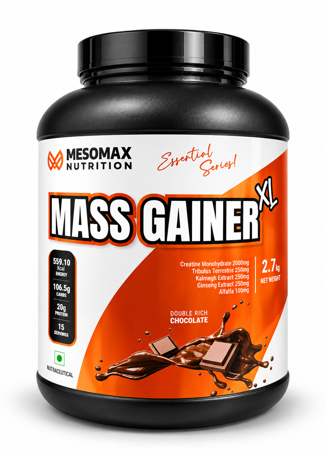 Mesomax Nutrition Mass Gainer XL 2.7kg | 20g Protein | 106.5g Carbs | 559.10 kcal | Double Rich Chocolate